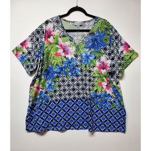 Catherine's Multicolor Floral Top Womens 3X Embroidered Beads & Lace‎ V-neckline